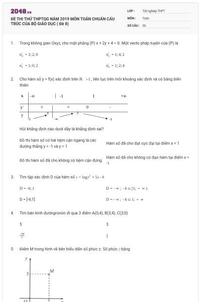 ĐỀ THI THỬ THPTQG NĂM 2019 MÔN TOÁN CHUẨN CẤU TRÚC CỦA BỘ GIÁO DỤC ( Đề 8)