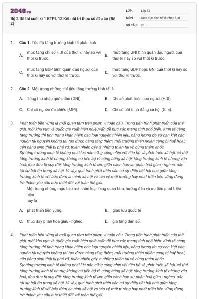 Bộ 3 đề thi cuối kì 1 KTPL 12 Kết nối tri thức có đáp án (Đề 2)