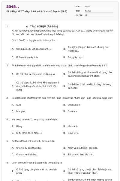 Đề thi học kì 2 Tin học 6 Kết nối trí thức có đáp án (Đề 2)