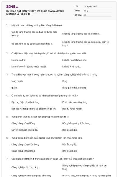 KỲ KHẢO SÁT KIẾN THỨC THPT QUỐC GIA NĂM 2020 MÔN ĐỊA LÝ (ĐỀ SỐ 15)