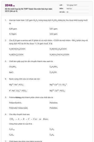 Đề thi minh họa kỳ thi THPT Quốc Gia môn hóa học năm 2019 (Đề số 4)