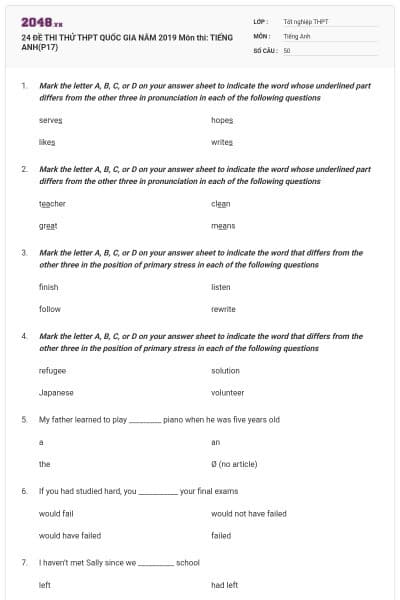 24 ĐỀ THI THỬ THPT QUỐC GIA NĂM 2019 Môn thi: TIẾNG ANH(P17)