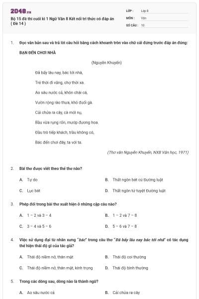 Bộ 15 đề thi cuối kì 1 Ngữ Văn 8 Kết nối tri thức có đáp án ( Đề 14 )
