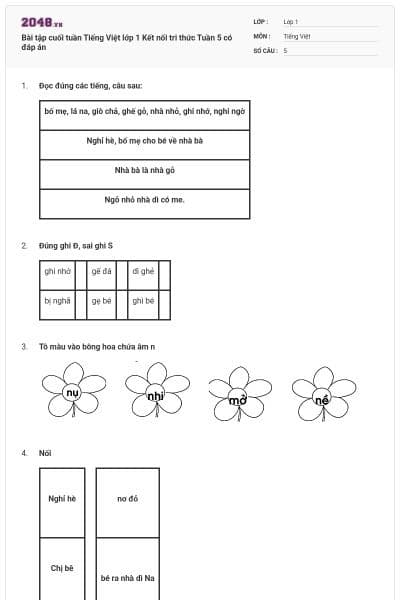 Bài tập cuối tuần Tiếng Việt lớp 1 Kết nối tri thức Tuần 5 có đáp án