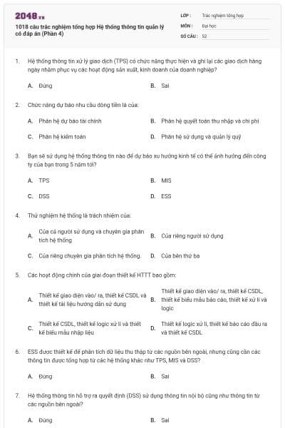 1018 câu trắc nghiệm tổng hợp Hệ thống thông tin quản lý có đáp án (Phần 4)