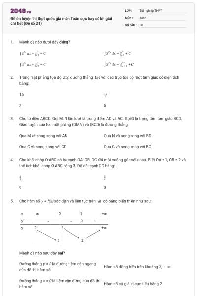 Đề ôn luyện thi thpt quốc gia môn Toán cực hay có lời giải chi tiết (Đề số 21)
