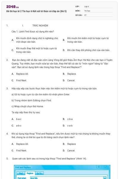 Đề thi học kì 2 Tin học 6 Kết nối trí thức có đáp án (Đề 5)