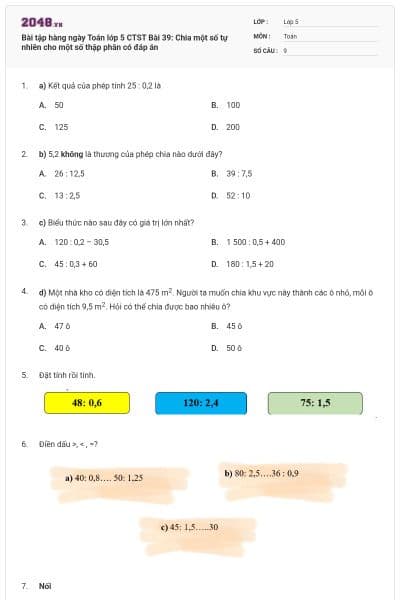 Bài tập hàng ngày Toán lớp 5 CTST Bài 39: Chia một số tự nhiên cho một số thập phân có đáp án