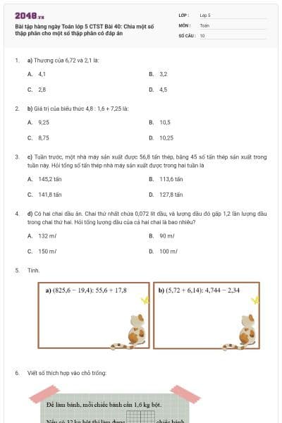 Bài tập hàng ngày Toán lớp 5 CTST Bài 40: Chia một số thập phân cho một số thập phân có đáp án