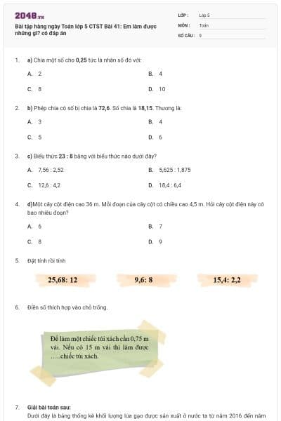 Bài tập hàng ngày Toán lớp 5 CTST Bài 41: Em làm được những gì? có đáp án
