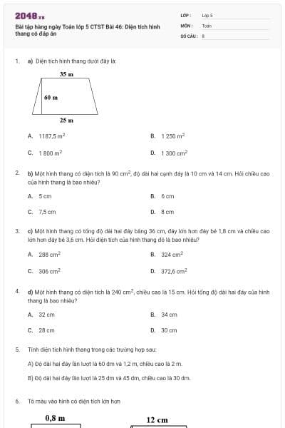 Bài tập hàng ngày Toán lớp 5 CTST Bài 46: Diện tích hình thang có đáp án