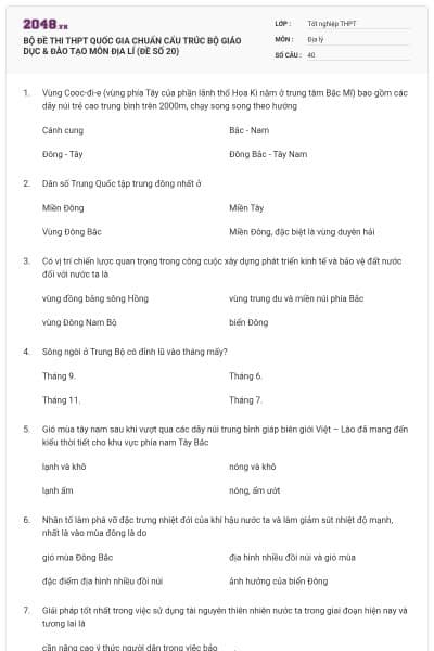 BỘ ĐỀ THI THPT QUỐC GIA CHUẨN CẤU TRÚC BỘ GIÁO DỤC & ĐÀO TẠO MÔN ĐỊA LÍ (ĐỀ SỐ 20)