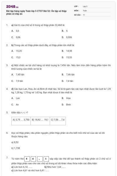 Bài tập hàng ngày Toán lớp 5 CTST Bài 52: Ôn tập số thập phân có đáp án