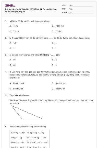 Bài tập hàng ngày Toán lớp 5 CTST Bài 54: Ôn tập hình học và đo lường có đáp án