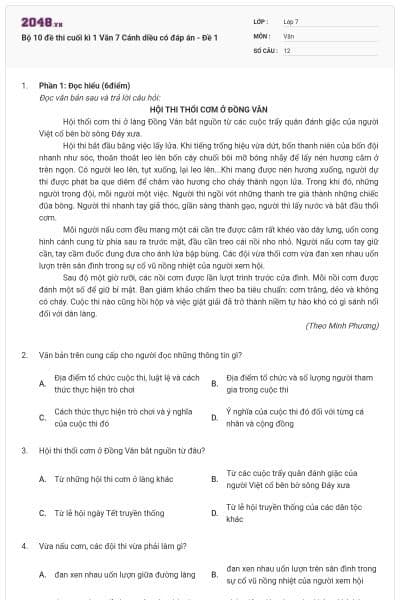 Bộ 10 đề thi cuối kì 1 Văn 7 Cánh diều có đáp án - Đề 1