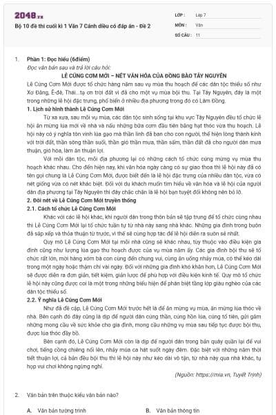 Bộ 10 đề thi cuối kì 1 Văn 7 Cánh diều có đáp án - Đề 2