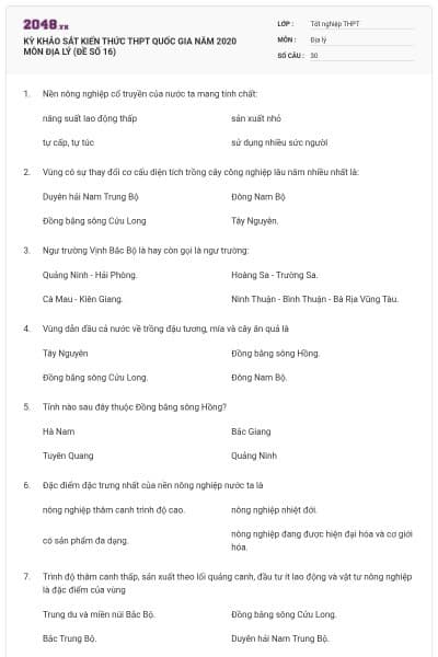 KỲ KHẢO SÁT KIẾN THỨC THPT QUỐC GIA NĂM 2020 MÔN ĐỊA LÝ (ĐỀ SỐ 16)