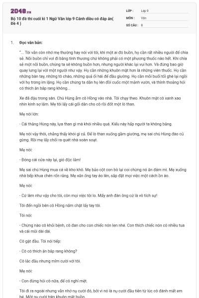 Bộ 10 đề thi cuối kì 1 Ngữ Văn lớp 9 Cánh diều có đáp án( Đề 4 )