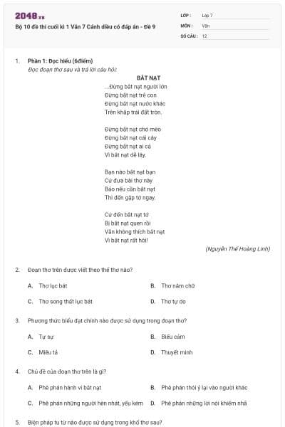 Bộ 10 đề thi cuối kì 1 Văn 7 Cánh diều có đáp án - Đề 9