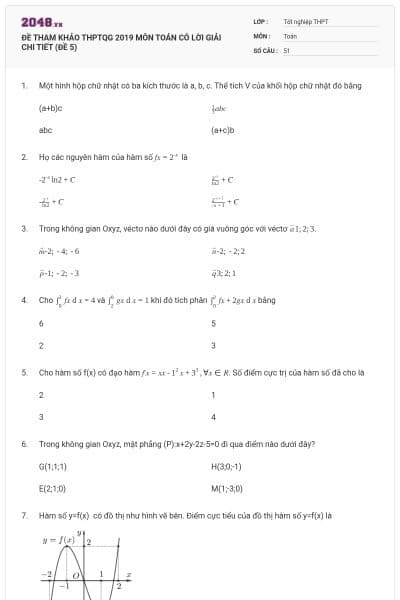 ĐỀ THAM KHẢO THPTQG 2019 MÔN TOÁN CÓ LỜI GIẢI CHI TIẾT (ĐỀ 5)