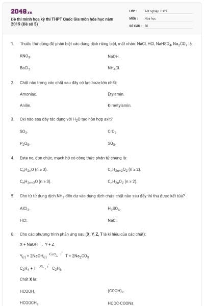 Đề thi minh họa kỳ thi THPT Quốc Gia môn hóa học năm 2019 (Đề số 5)