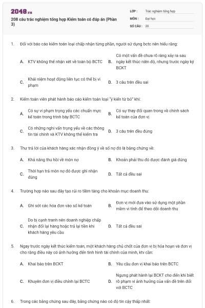 208 câu trắc nghiệm tổng hợp Kiểm toán có đáp án (Phần 3)