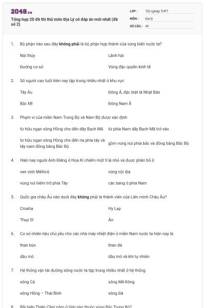Tổng hợp 20 đề thi thử môn Địa Lý có đáp án mới nhất (đề số 2)