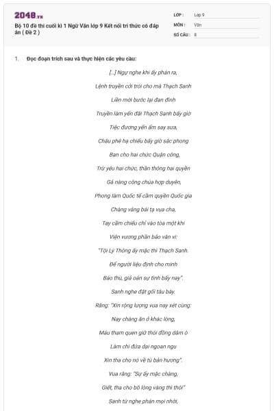 Bộ 10 đề thi cuối kì 1 Ngữ Văn lớp 9 Kết nối tri thức có đáp án ( Đề 2 )