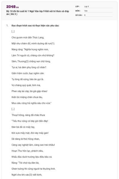 Bộ 10 đề thi cuối kì 1 Ngữ Văn lớp 9 Kết nối tri thức có đáp án ( Đề 3 )