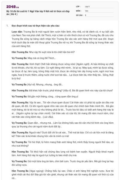 Bộ 10 đề thi cuối kì 1 Ngữ Văn lớp 9 Kết nối tri thức có đáp án ( Đề 4 )