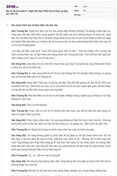 Bộ 10 đề thi cuối kì 1 Ngữ Văn lớp 9 Kết nối tri thức có đáp án ( Đề 10)