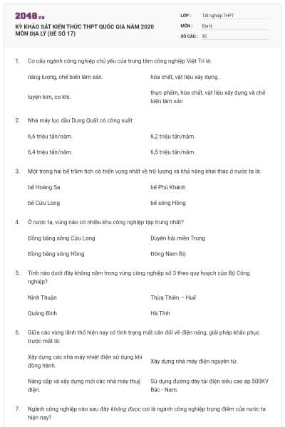KỲ KHẢO SÁT KIẾN THỨC THPT QUỐC GIA NĂM 2020 MÔN ĐỊA LÝ (ĐỀ SỐ 17)