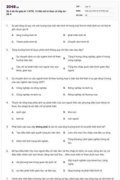 Bộ 4 đề thi giữa kì 1 KTPL 12 Kết nối tri thức có đáp án - Đề 4