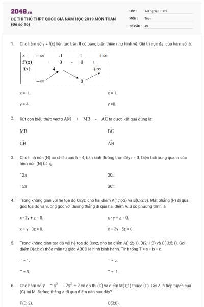 ĐỀ THI THỬ THPT QUỐC GIA NĂM HỌC 2019 MÔN TOÁN (Đề số 16)