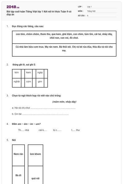 Bài tập cuối tuần Tiếng Việt lớp 1 Kết nối tri thức Tuần 9 có đáp án