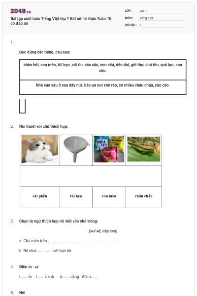 Bài tập cuối tuần Tiếng Việt lớp 1 Kết nối tri thức Tuần 10 có đáp án
