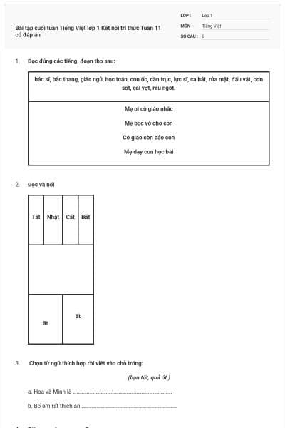 Bài tập cuối tuần Tiếng Việt lớp 1 Kết nối tri thức Tuần 11 có đáp án