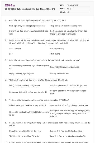 20 Đề thi thử thpt quốc gia môn Địa lí có đáp án (Đề số 04)