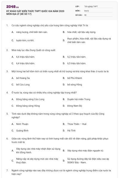 KỲ KHẢO SÁT KIẾN THỨC THPT QUỐC GIA NĂM 2020 MÔN ĐỊA LÝ (ĐỀ SỐ 17)