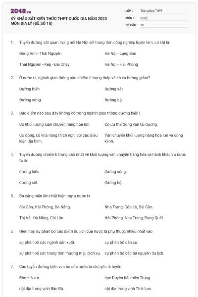 KỲ KHẢO SÁT KIẾN THỨC THPT QUỐC GIA NĂM 2020 MÔN ĐỊA LÝ (ĐỀ SỐ 18)