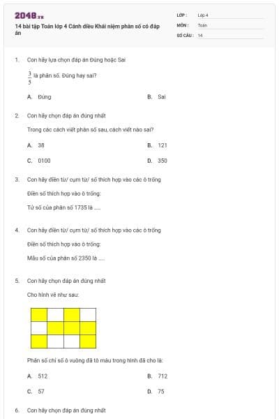 14 bài tập Toán lớp 4 Cánh diều Khái niệm phân số có đáp án