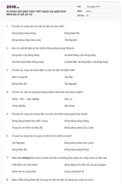 KỲ KHẢO SÁT KIẾN THỨC THPT QUỐC GIA NĂM 2020 MÔN ĐỊA LÝ (ĐỀ SỐ 19)