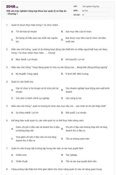 498 câu trắc nghiệm tổng hợp khoa học quản lý có đáp án - Chương 1