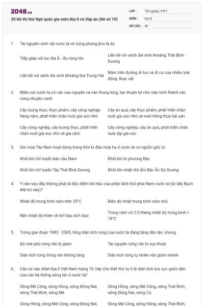 20 Đề thi thử thpt quốc gia môn Địa lí có đáp án (Đề số 19)