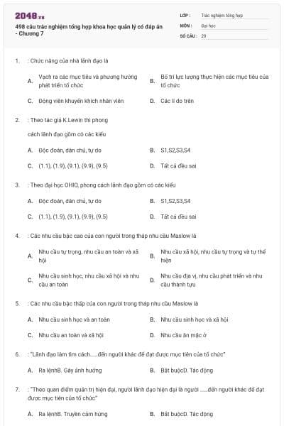498 câu trắc nghiệm tổng hợp khoa học quản lý có đáp án - Chương 7