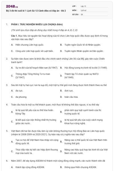 Bộ 3 đề thi cuối kì 1 Lịch Sử 12 Cánh diều có đáp án - Đề 2
