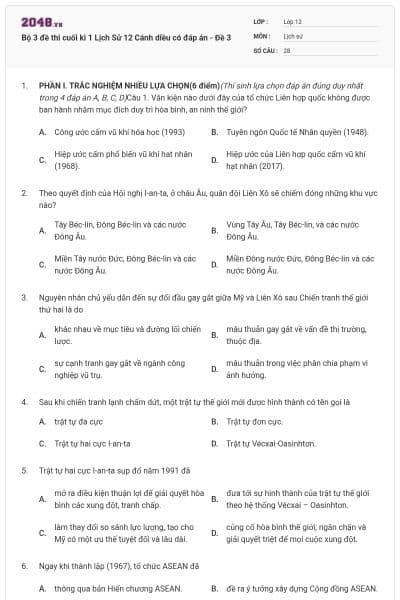 Bộ 3 đề thi cuối kì 1 Lịch Sử 12 Cánh diều có đáp án - Đề 3