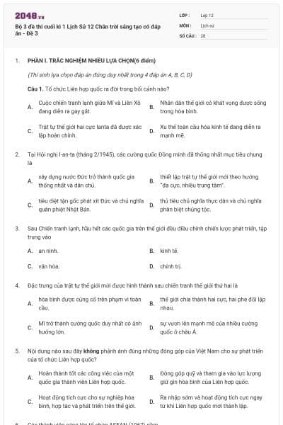 Bộ 3 đề thi cuối kì 1 Lịch Sử 12 Chân trời sáng tạo có đáp án - Đề 3