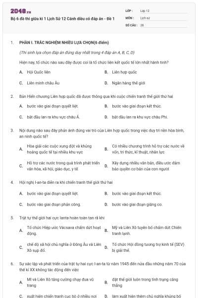 Bộ 6 đề thi giữa kì 1 Lịch Sử 12 Cánh diều có đáp án - Đề 1