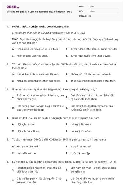 Bộ 6 đề thi giữa kì 1 Lịch Sử 12 Cánh diều có đáp án - Đề 2